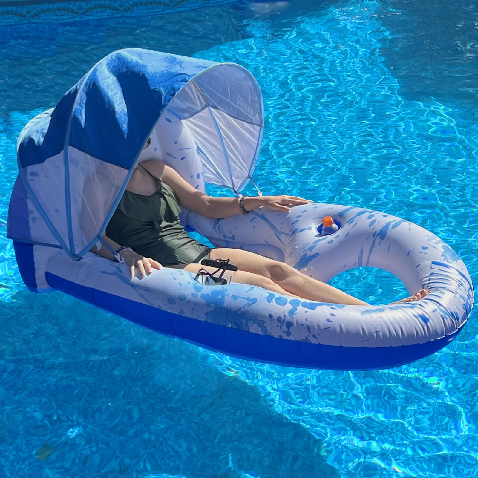 Pool Floats Adult With Canopy Upf50+, Extra Large Pool Floats Adult Heavy Duty, Swimming Pool Float With Shade Cover, Cup Holder