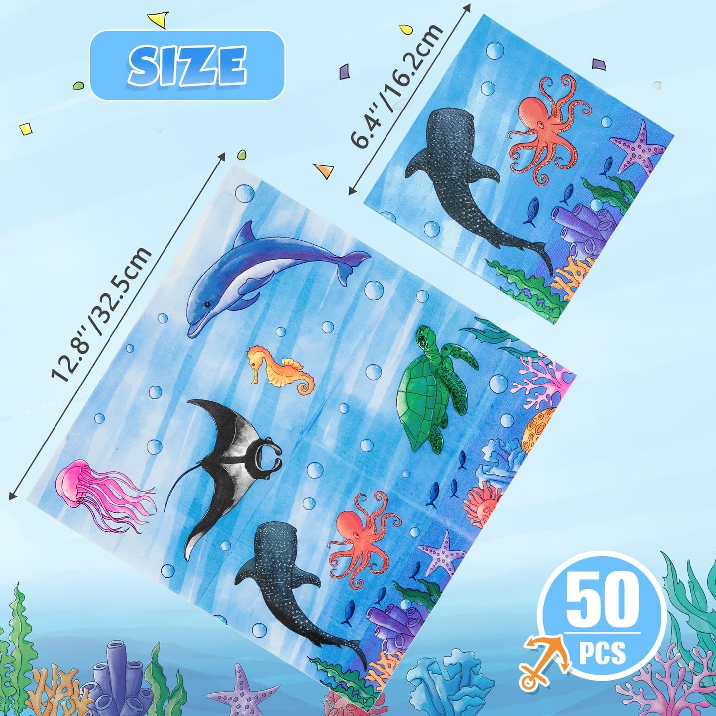 Wernnsai Ocean Party Decorations - 50 Pack Baby Shark Napkins Blue Shark Birthday Party Decorations 3-Ply Ocean Paper Napkins For Kids Boys Baby Shower Underwater Party 6.5 X 6.5 Inches