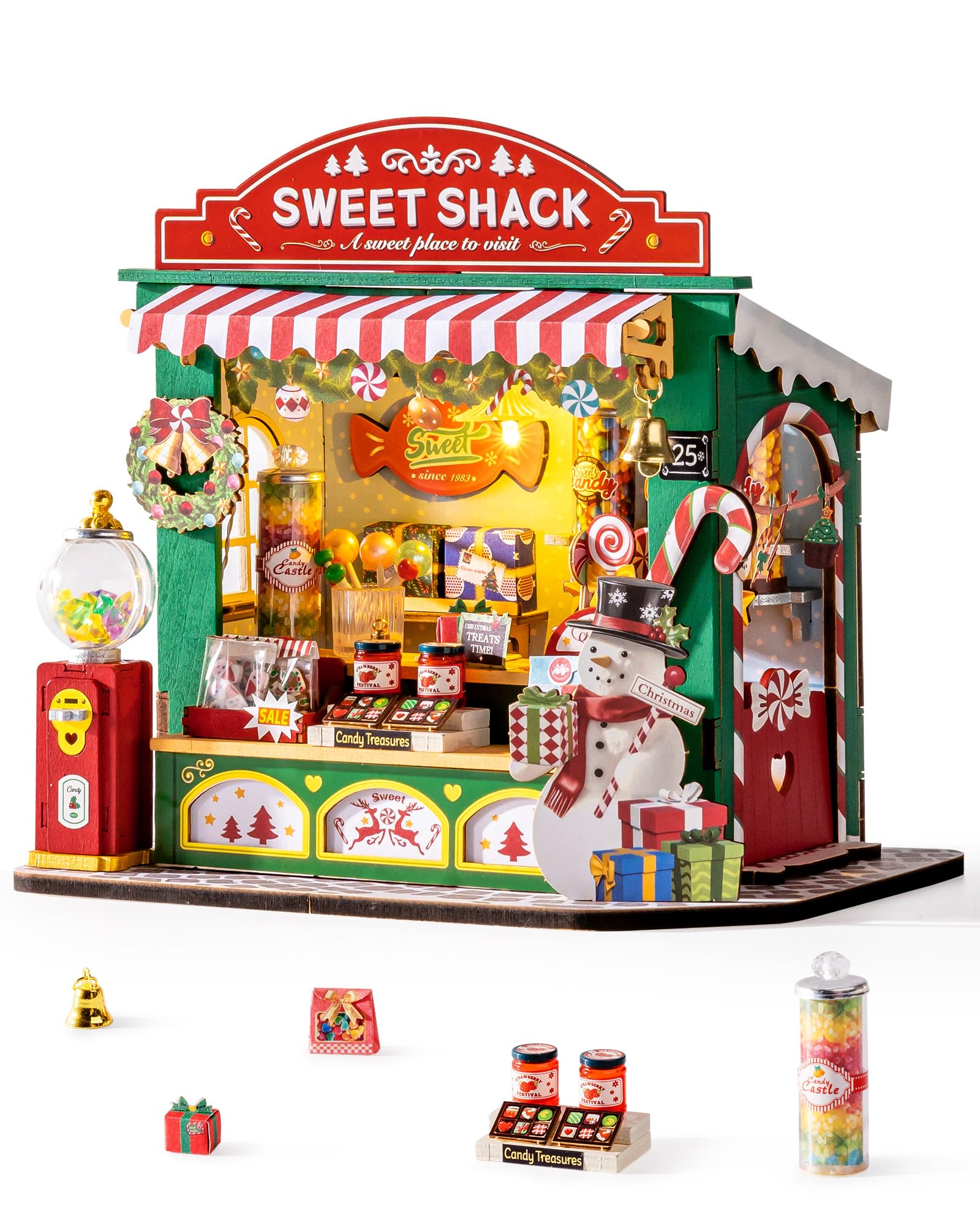 ROBOTIME DIY Miniature House Kit for mature-themed and Teens  Tiny House Building Kit for Family and Friends  Mini Wooden Dollhouse Kit for Halloween/Christmas/Birthday Gifts (Christmas Candy Stand)