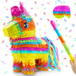 16 Cinco de Mayo Pinata, Large Rainbow Color Donkey Pinata 16 x 13 x 5.5 ln with Stick and Blindfold for Fiestas Mexican Party D