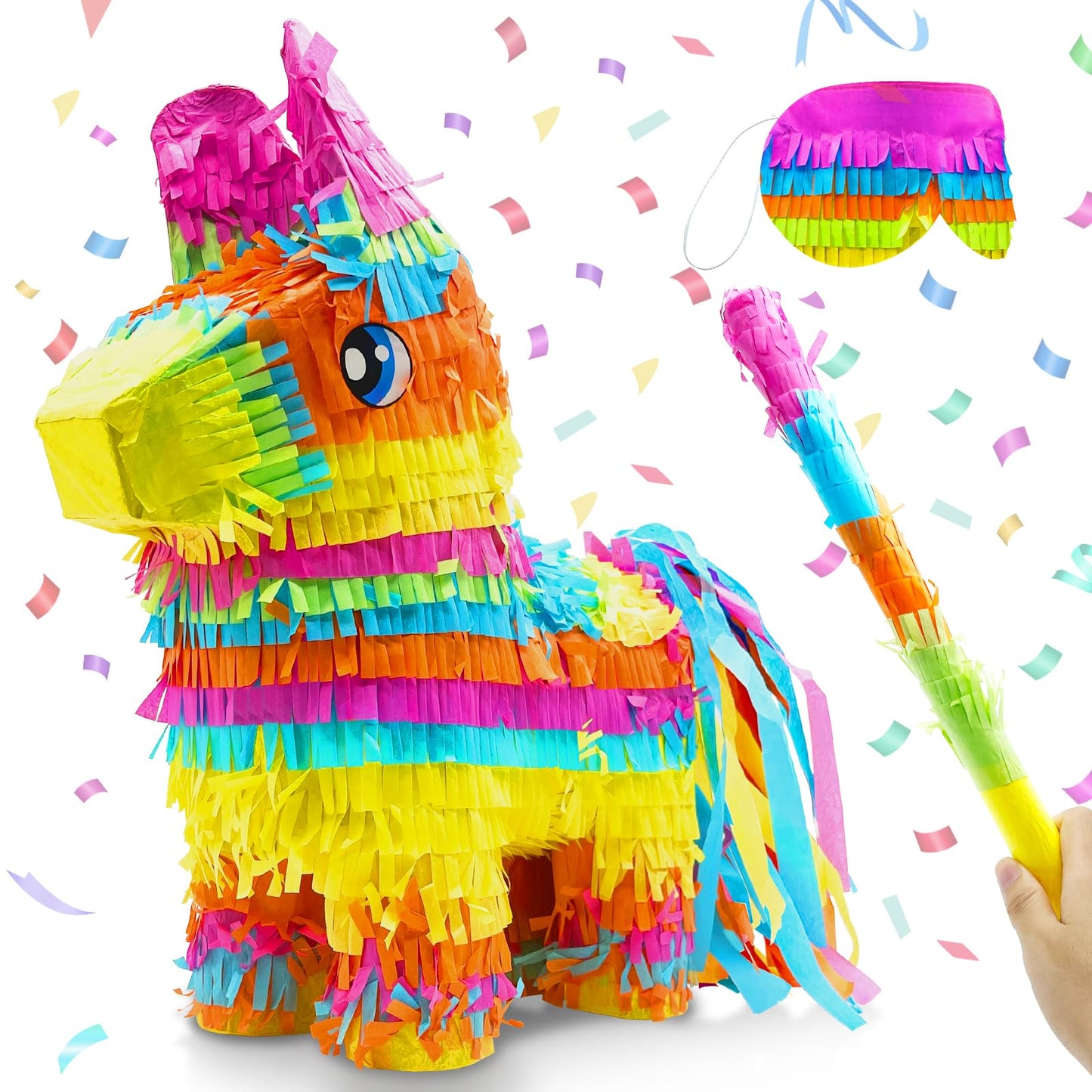16 Cinco de Mayo Pinata, Large Rainbow Color Donkey Pinata 16 x 13 x 5.5 ln with Stick and Blindfold for Fiestas Mexican Party D