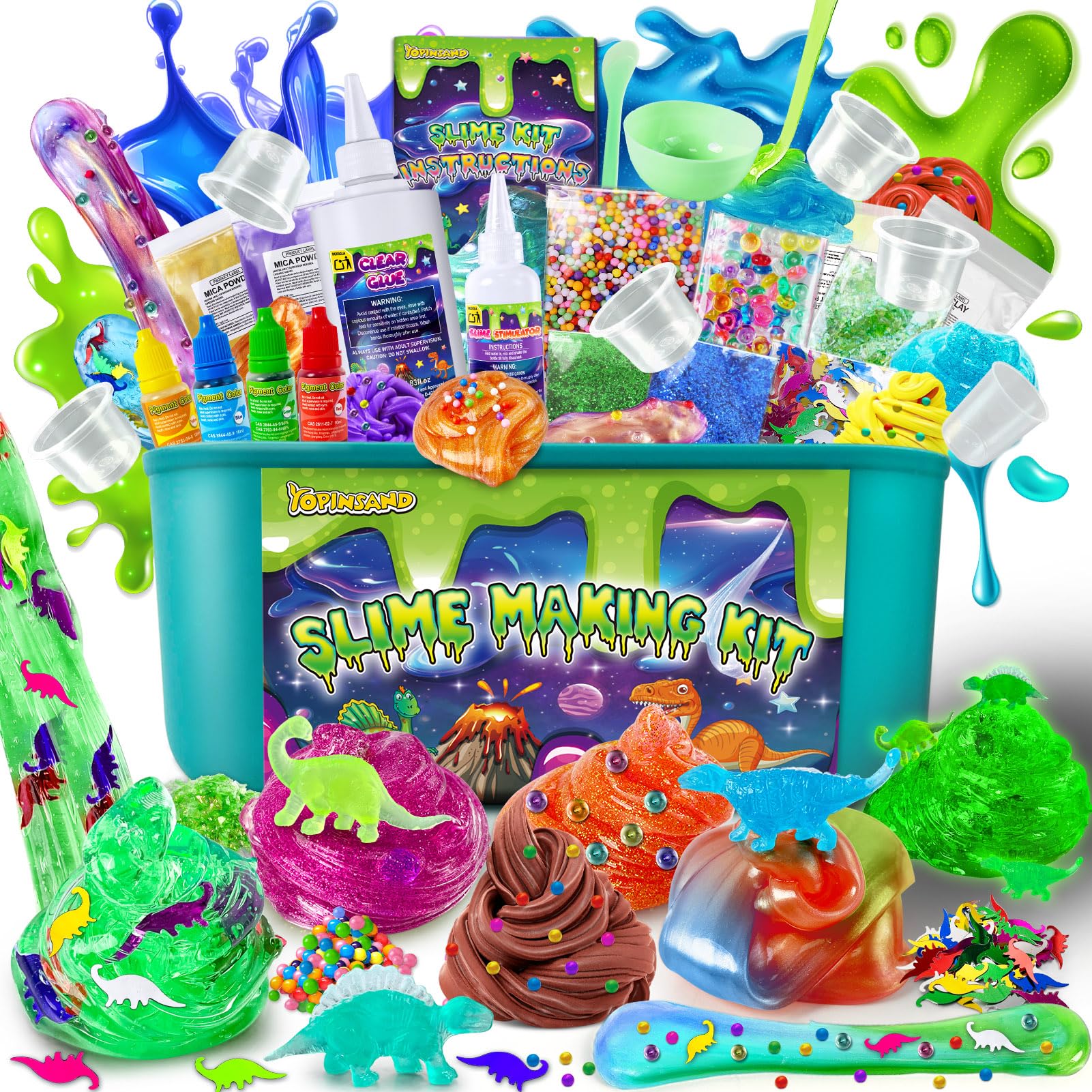 YOPINSAND Dinosaur Slime Kit for Girls  Glimmer Crunchy  Galaxy Slime Making Kit for Kids 6-12  Glow in The Dark DIY Slime Kit with Add-ins  Foam Balls  Charms  Glitters  Dinosaur Gift Toys