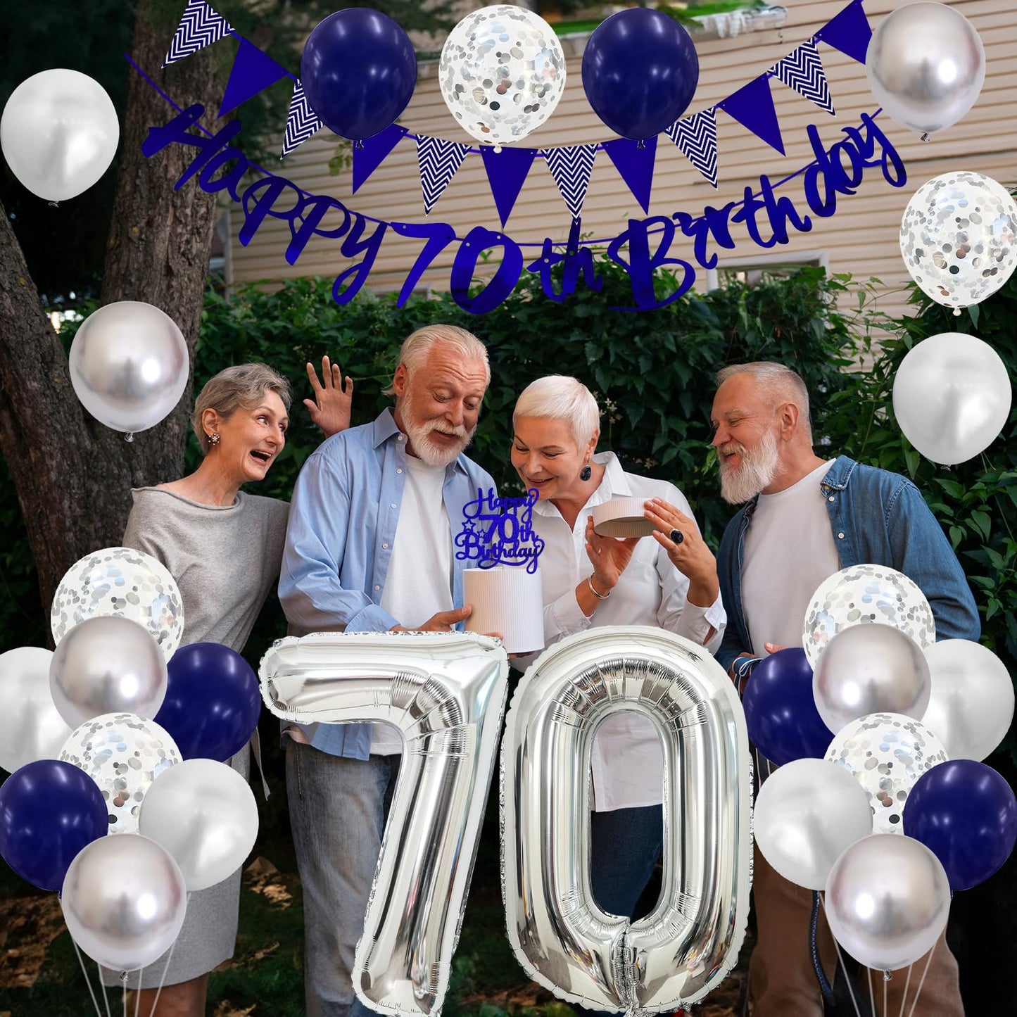70Th Birthday Decorations For Men, Navy Blue Silver 70Th Birthday Balloons With Blue Happy 70Th Birthday Banner 70 Birthday Cake