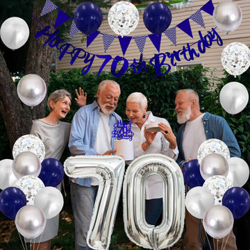 70Th Birthday Decorations For Men, Navy Blue Silver 70Th Birthday Balloons With Blue Happy 70Th Birthday Banner 70 Birthday Cake