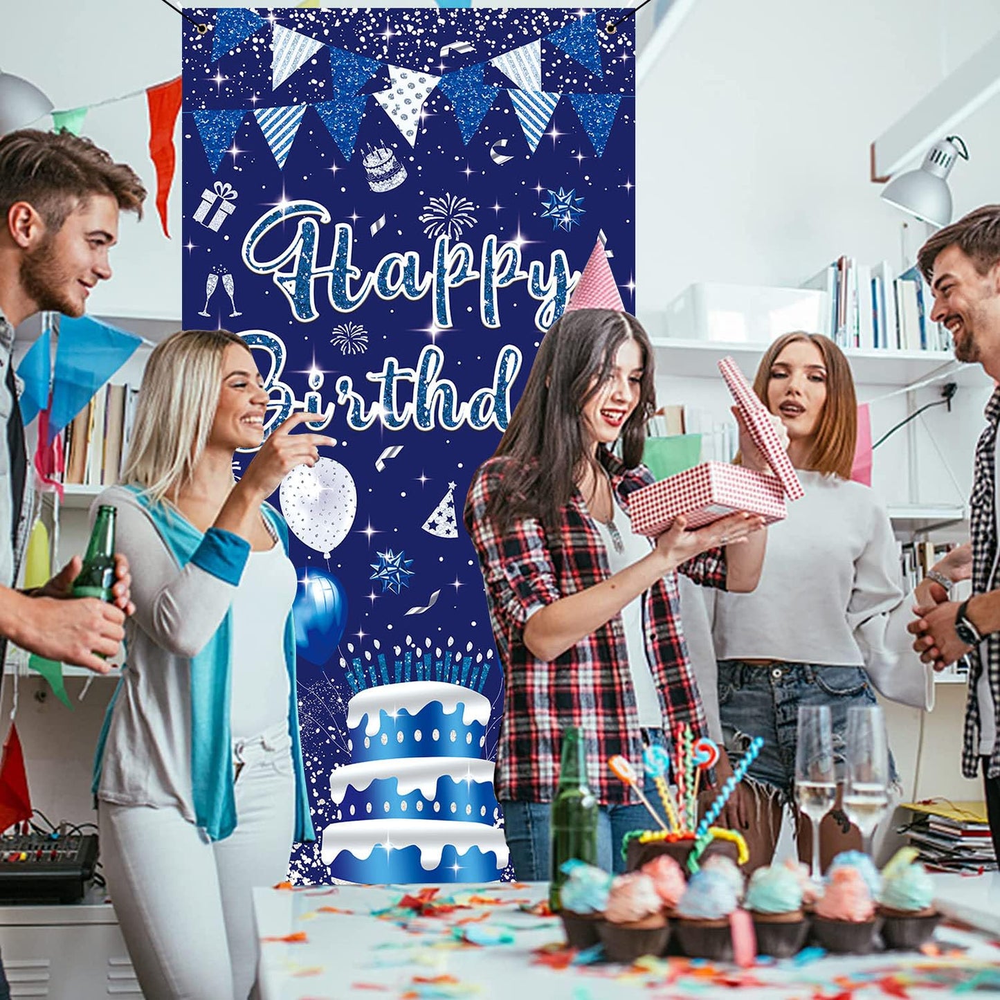 Gya 3X6Ft Blue Silver Birthday Door Banner Navy Blue Glitter Sequin Happy Birthday Background Cake Balloons Gifts Backdrops Kids