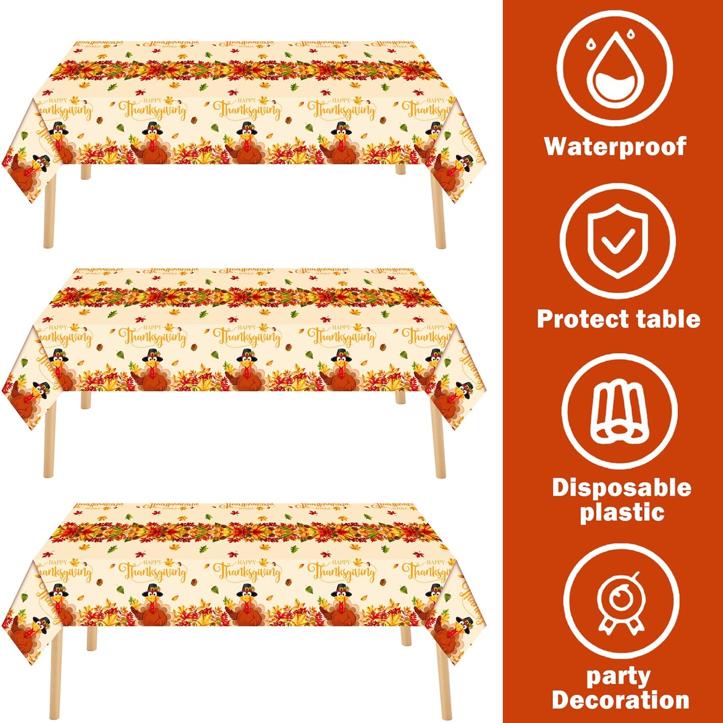 UROINEPA Thanksgiving Tablecloth 3 Pcs Fall Table Cloths Rectangle Maple Leaf Turkey Table Cloth Autumn Tablecover for Thanksgiv