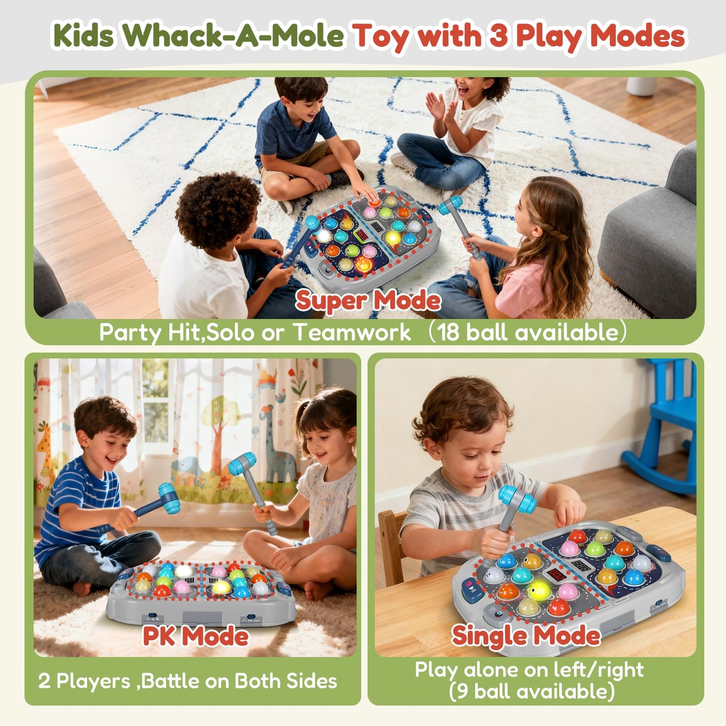 2-Player Whack Game Mole - Toys for Age 3-12 Kids,2 Hammers,3 Modes with Sound & Light,Safe Educational Pounding Toy,Christmas B