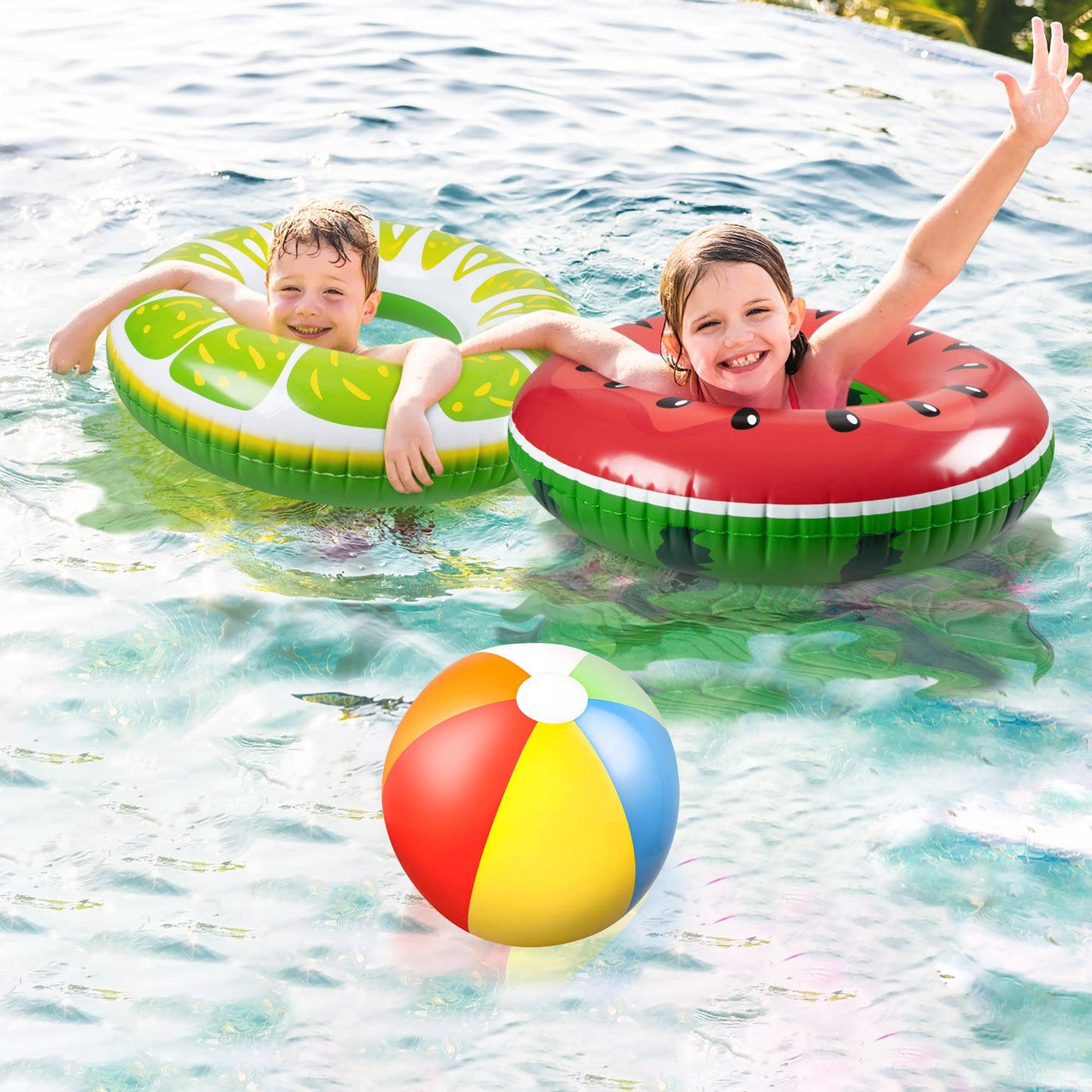 90Shine 7Pcs Fruit Pool Floats: Watermelon Kiwi Orange Lemon Swimming Rings With 13.5' Beach Balls - Inflatable Tubes Floaties Toys For Kids Adults