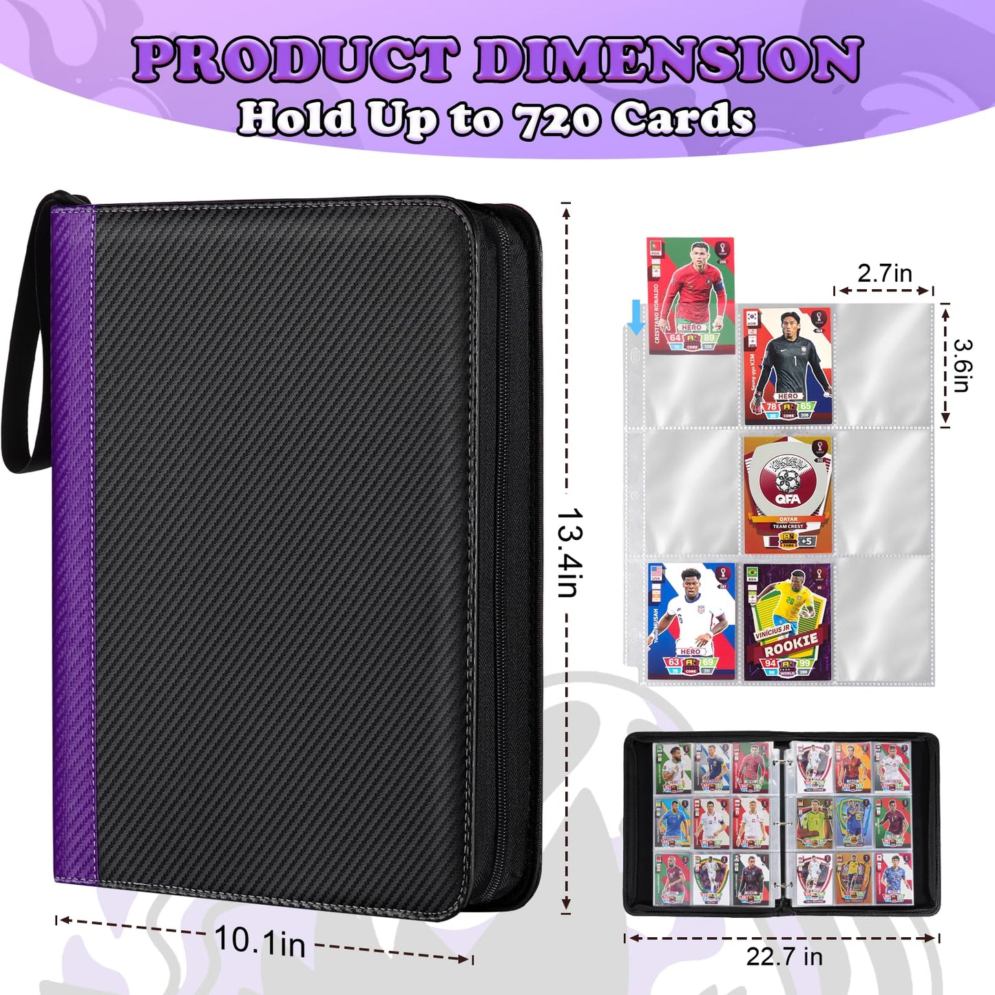 LIMSTDIC Card Binder for Pokemon Card  9 Pocket 40 Double-Sided Pages for 720 Card Pocket enhanced Zip PU Card Binder for Pokemon  Collectible For TCG MTG Baseball Football Trading Card Game(Purple)