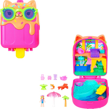 Polly Pocket Dolls and Playset, Kitty Popsicle Resort Compact, Travel Toy with 1 Micro Doll, Pet Puppy & Themed Accessories
