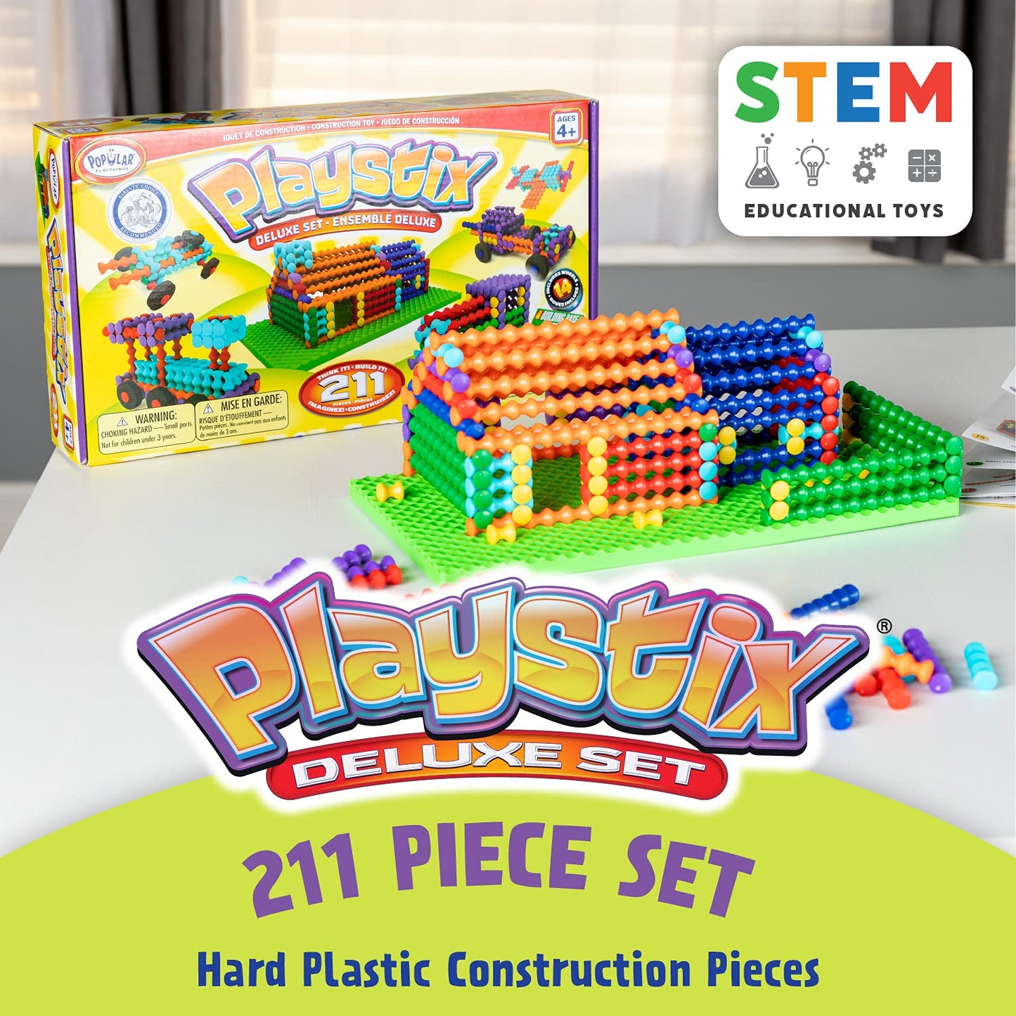 POPULAR PLAYTHINGS Playstix Construction Toy Set, 211 Pieces, STEM Kit, Multicolor, Model 90001, Plastic Building Blocks