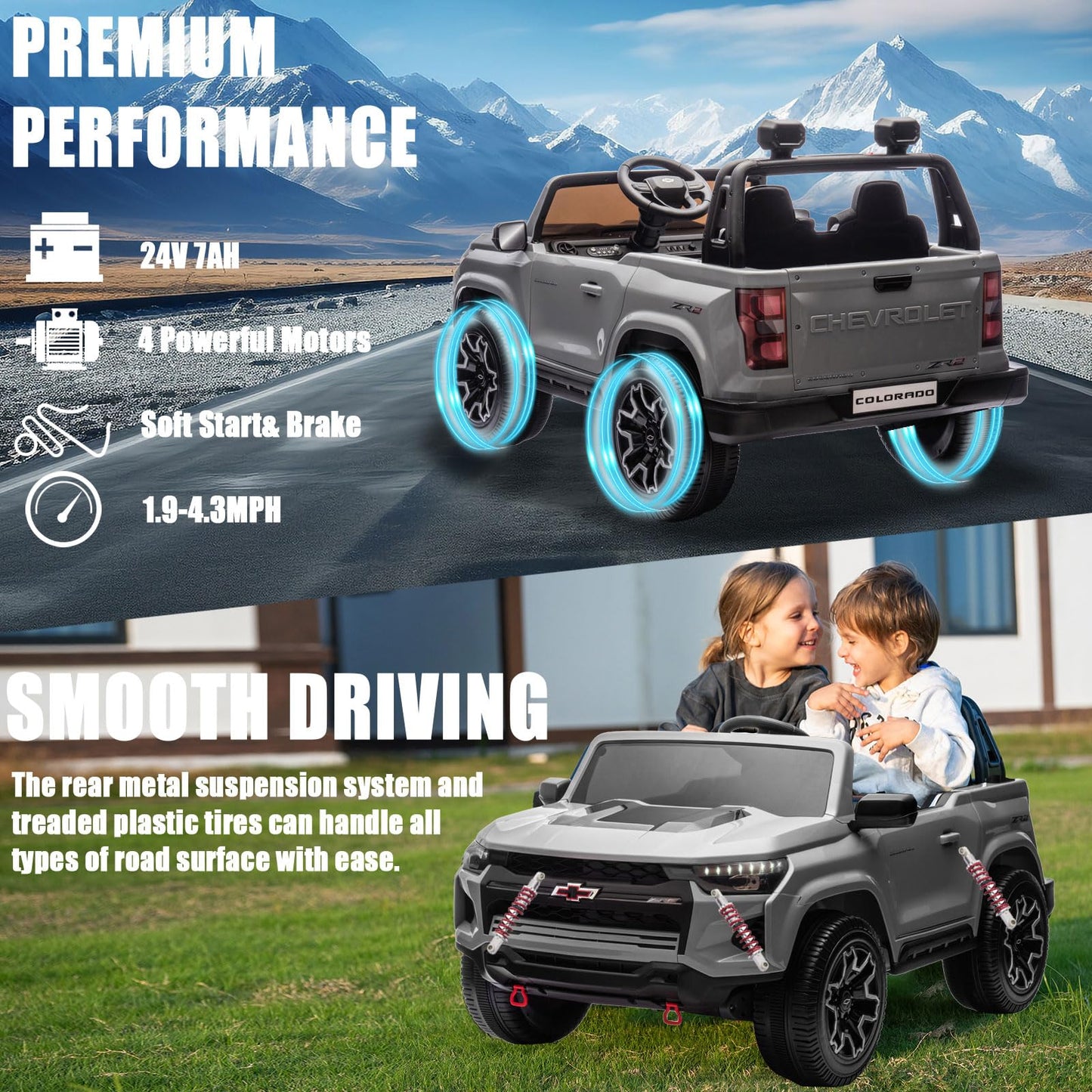 Nitoess Kids Electric Car 24V, 2 Seater Ride On Car For Kids Electric Vehicles With Parent Remote, 4Wd Licensed Chevrolet Colora