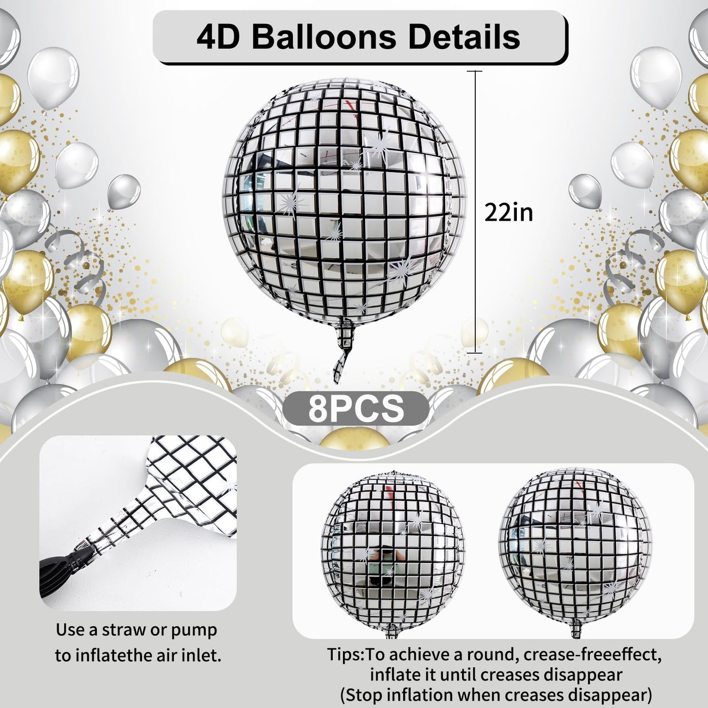 TONIFUL 8Pcs Large Disco 4D Giant Round Foil Balloon 22inch Big Mirror Metallic Mylar Sephere Balloons for Christmas New Year Bi