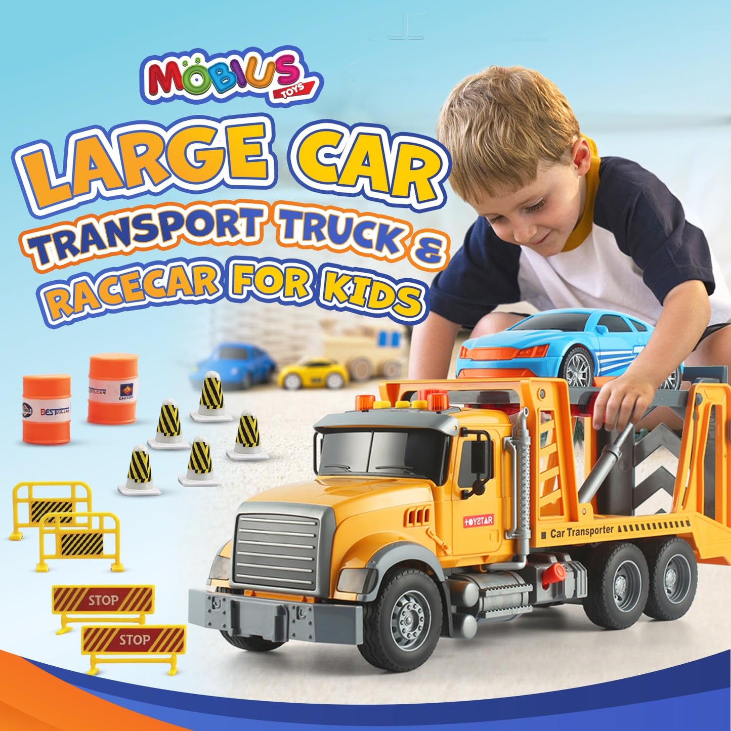 Kids Tow Truck Toy with Race Car - Friction-Powered Hauling Toy Tow Trucks for Boys Age 3-5 w/ Flashing Lights & Sounds - Playse