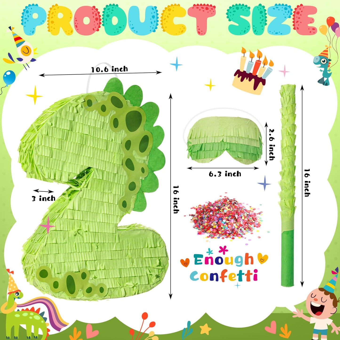 Poen 16 Inch Dinosaur Piata Number Piata for Boys Birthday Party Supplies with Bat and Eye Mask - Dino Decorations, Animal Theme