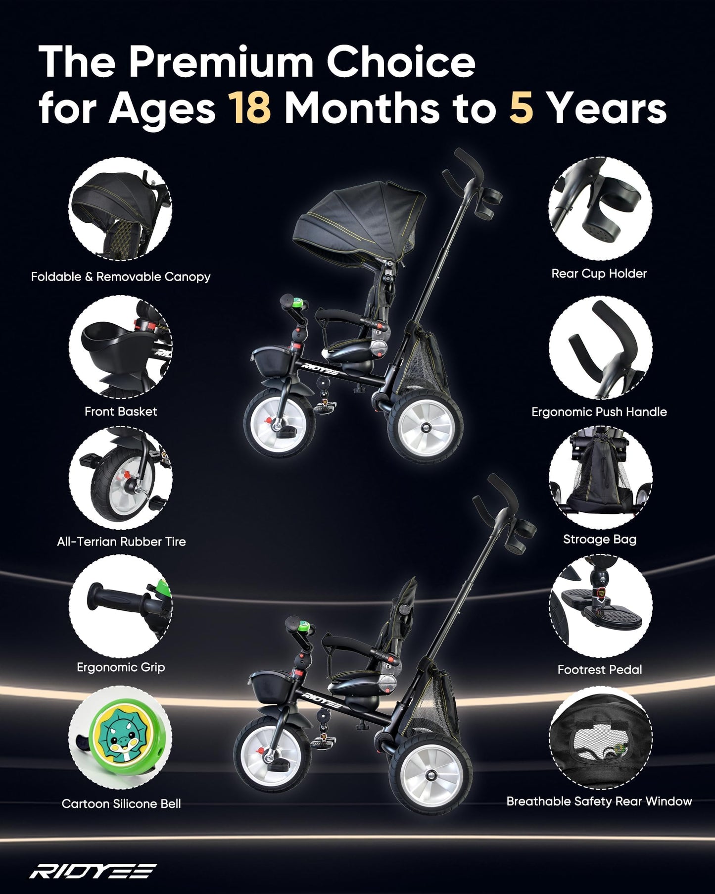 RIDYEE 7-in-1 Folding Toddler Tricycle, Dual Brakes, Adjustable Handle, Rubber Tires, Black, 42.52"x20.28"x42.52" for Ages