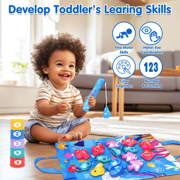 Montessori Toys For 1 Year Old: Cloth Fishing Game Baby Toys 6-12 12-18 Months With Stacking Cups - Sorting Learning Toddler Toy