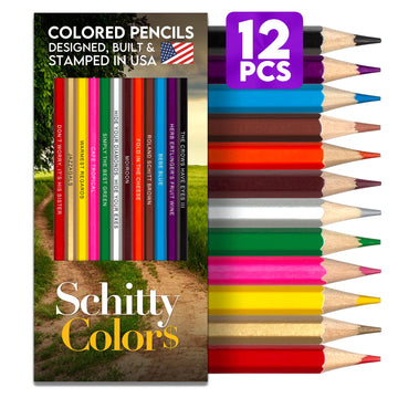 Pun Labs Schitts Creek-Inspired Colored Pencil Set - 12 Soft Core Drawing Pencils Foil-Stamped with Clever References - Ideal A