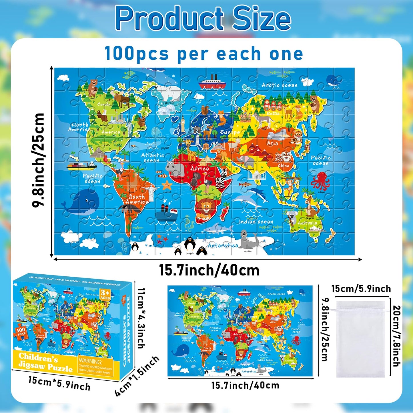 4 Packs 100Pcs World USA Map Puzzles for Kids Ages 4-6 Solar System Earth Exploration Jigsaw Puzzles Xmas Party Supplies World M