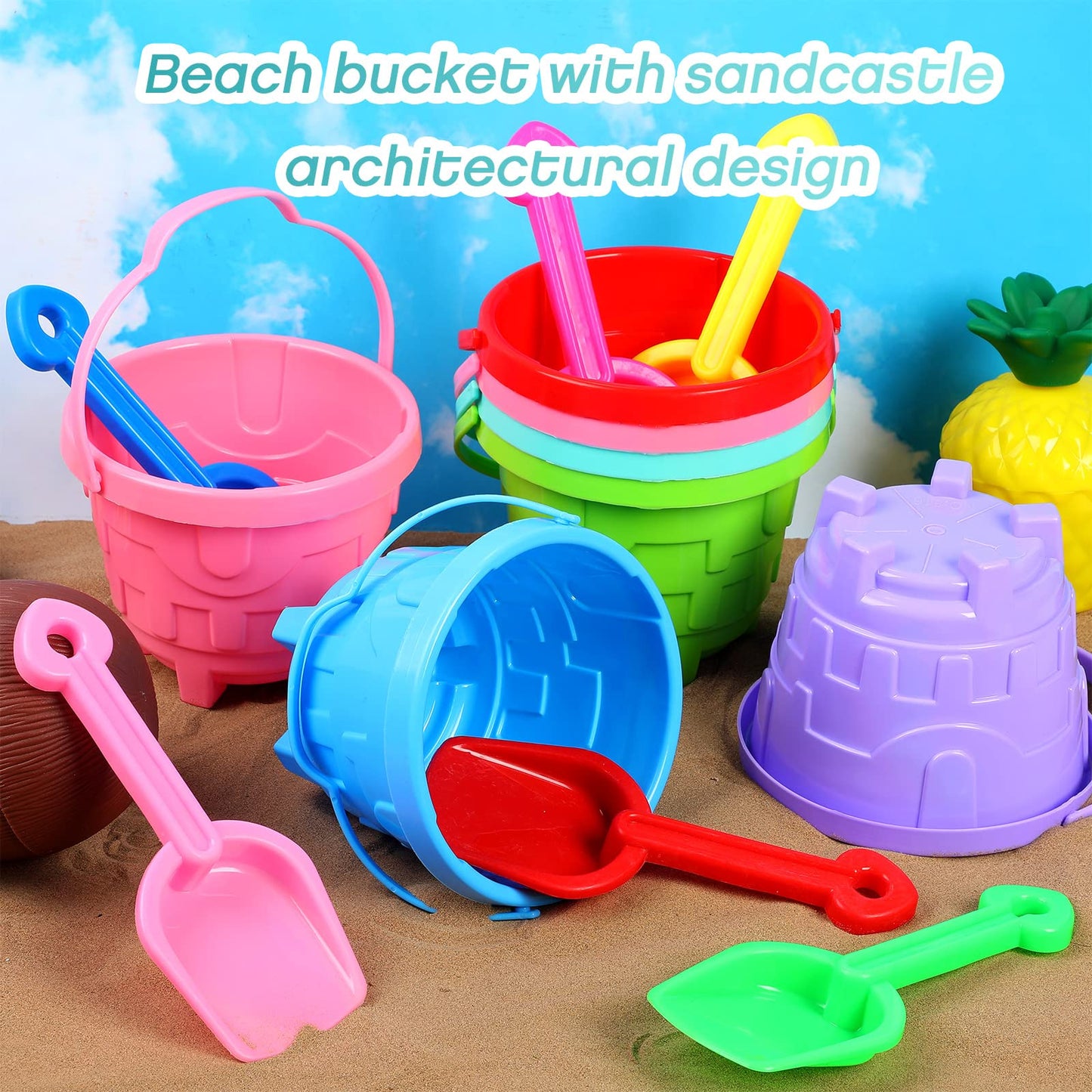 Didaey 65 Set 130 Pcs Beach Sand Buckets and Shovels, Include 65 Sand Pail Bucket 6 Colors with Castle Design Inside and 65 Shov