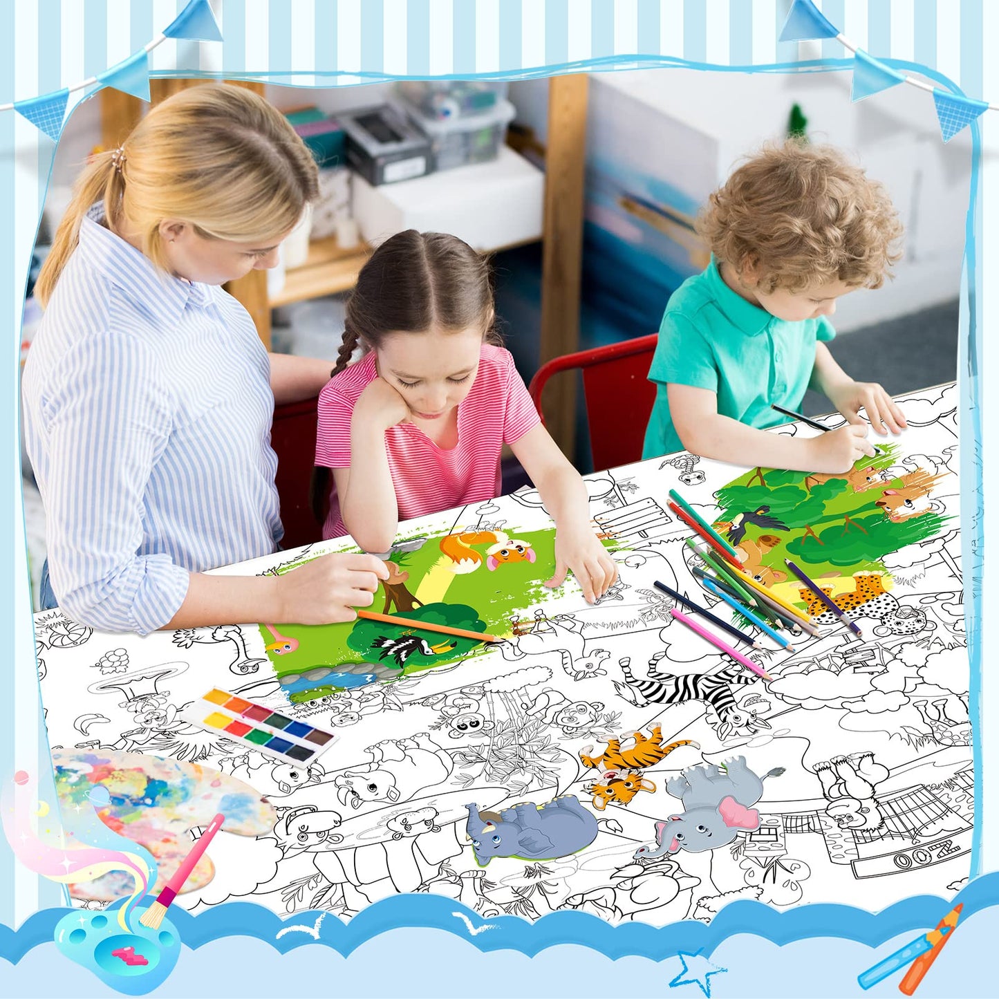 Funrous Set of 3 Jumbo Giant Coloring Poster 45 x 32 Inch Large Table Wall Size Coloring Sheets with Zoo Animal, Ocean Creature,