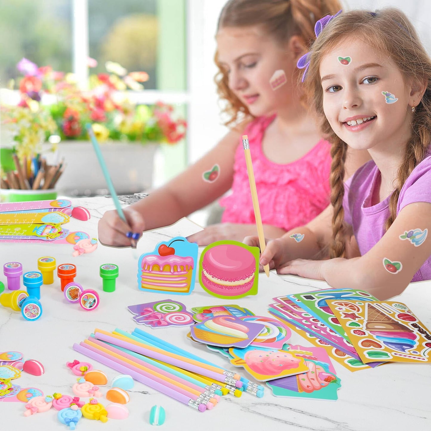 BenLouis 96Pcs Candyland Party Favors Ice Cream Donut Mini Notebook Stampers School Stationery Bulk for Kids Lollipop Sweet Trea