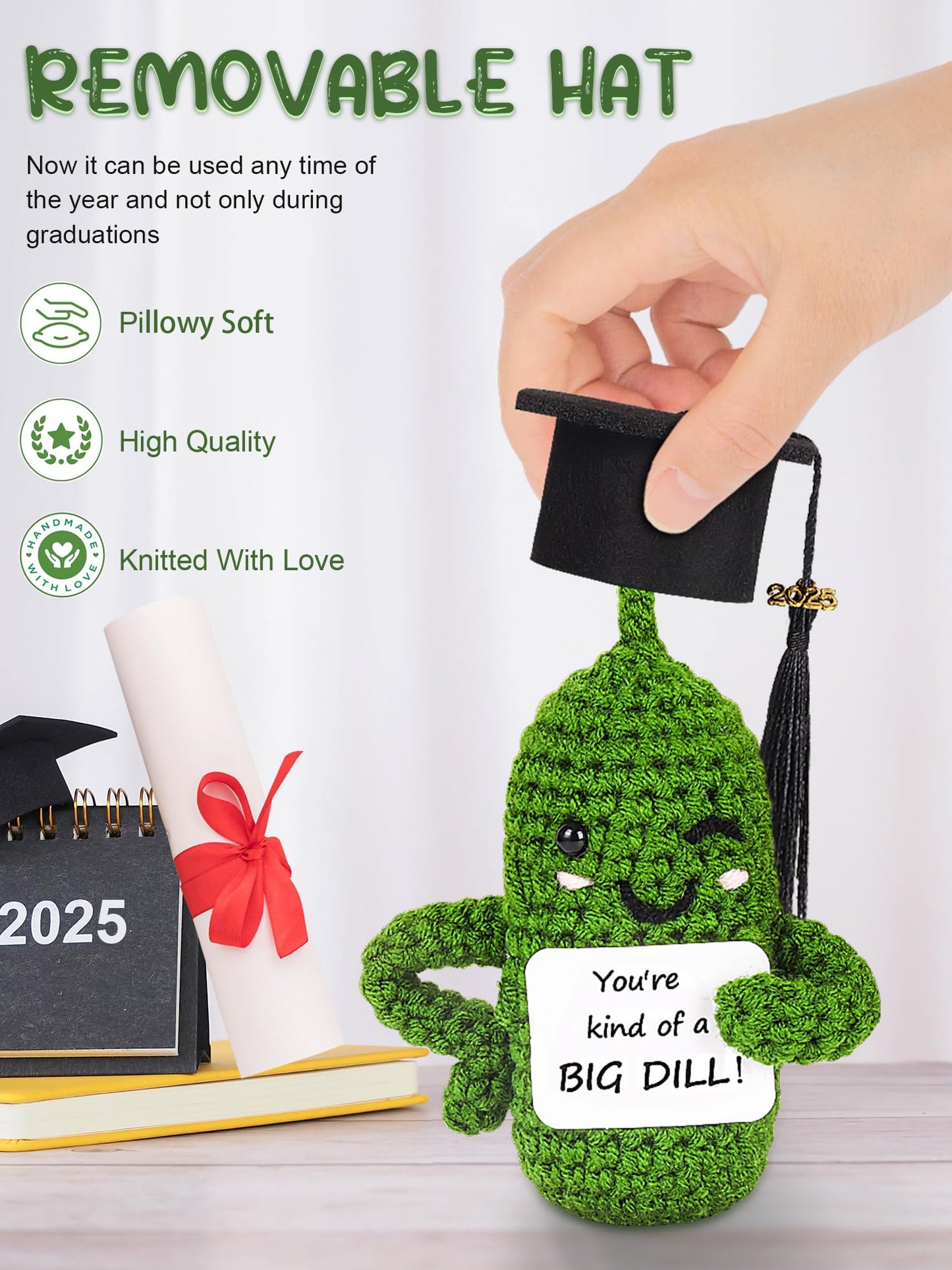 Primo Lines 2025 Graduation Gift - Handmade Crochet Emotional Support Pickle Doll with Cap  4.73 Cute Knitted Potato Plushie  Unique Keepspirit-inspired flavor for Graduates  Friends & Anxiety Relief
