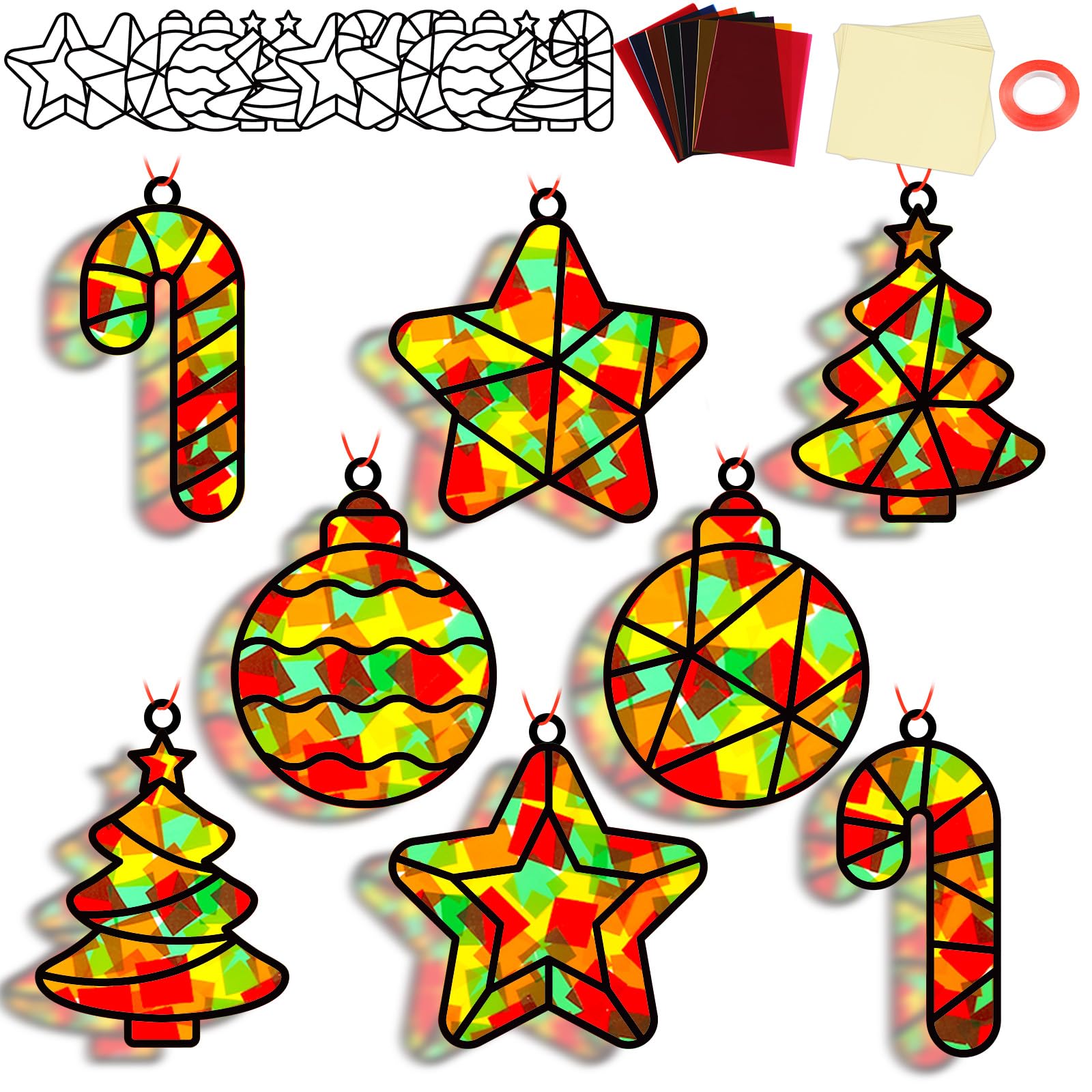 QOUBAI 32 Sets Christmas Theme Suncatchers Craft Kit DIY Window Stained Glass Effect Christmas Theme Paper Crafts Home School Cl