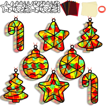 QOUBAI 32 Sets Christmas Theme Suncatchers Craft Kit DIY Window Stained Glass Effect Christmas Theme Paper Crafts Home School Cl