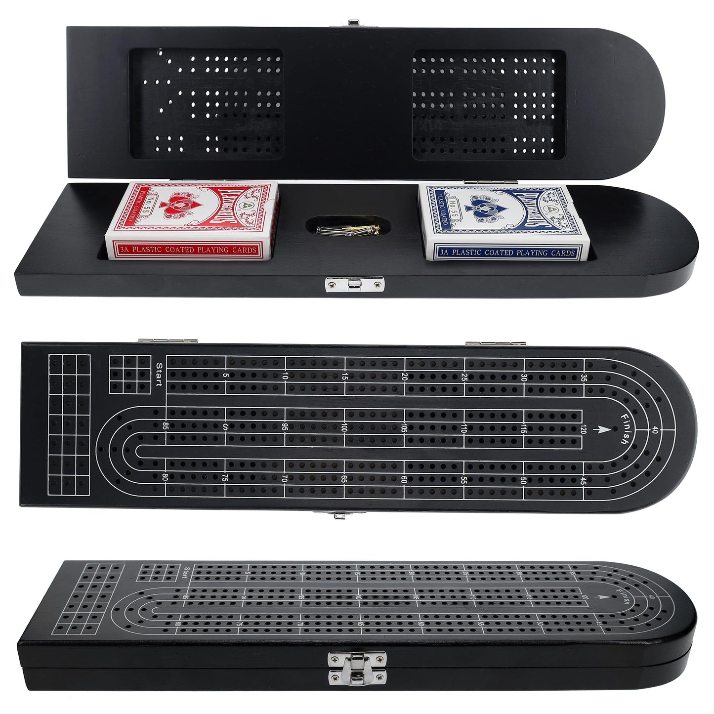 Pacific Shore Games Wooden Cribbage Board Game Set, Black Stained Continuous 3 Track For 2-3 Players With Card Storage