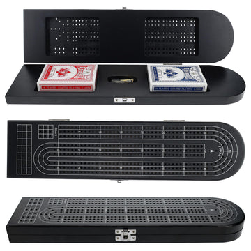 Pacific Shore Games Wooden Cribbage Board Game Set, Black Stained Continuous 3 Track For 2-3 Players With Card Storage