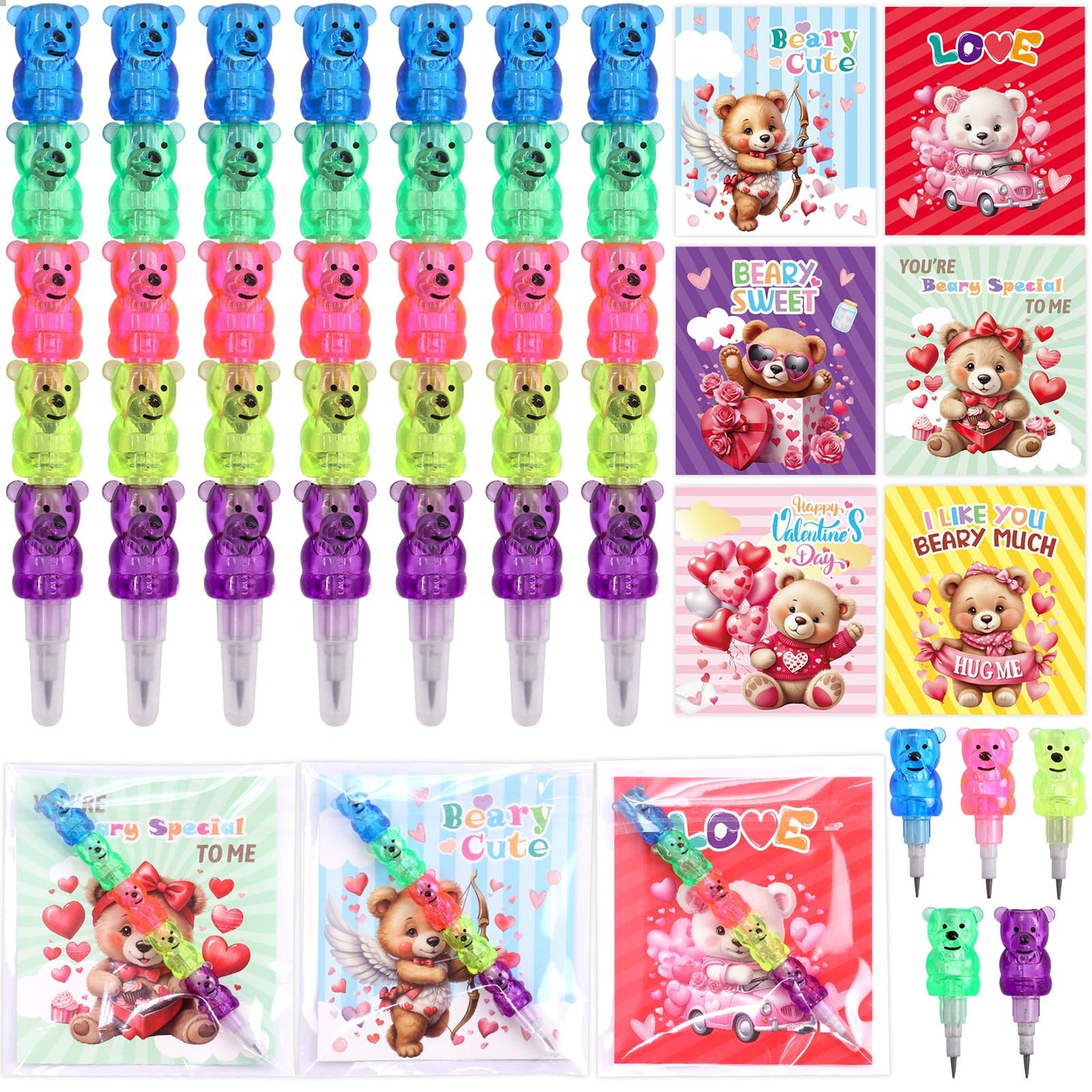 ceiba tree Valentines Day Stationery Gift Set for Kids Valentines Day Pencils with Cards Assorted Plastic Stacking Bear Pencils