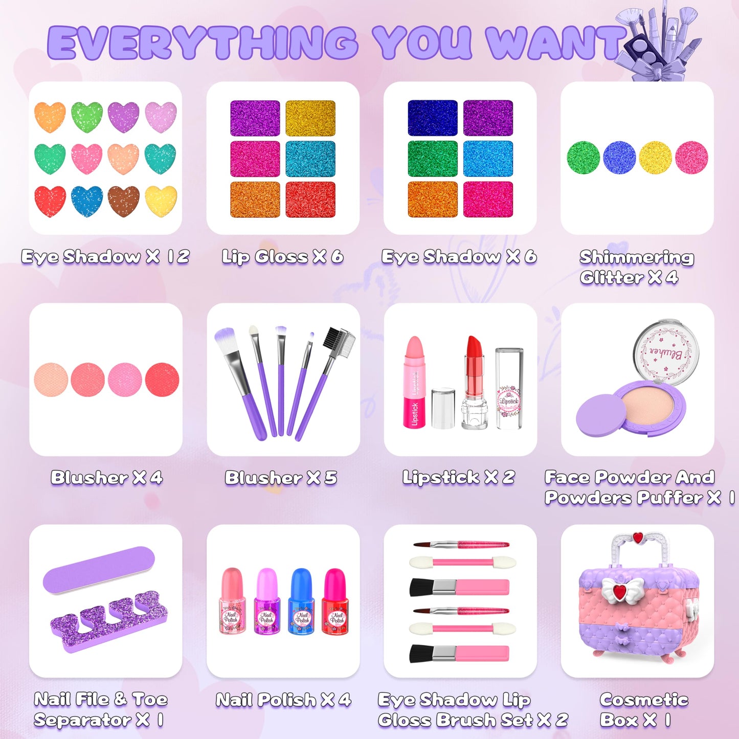 54 Pcs Kids Makeup Kit for Girls, Princess Real Washable Pretend Play Cosmetic Set Toys with Mirror, Birthday Gifts for 3 4 5 6