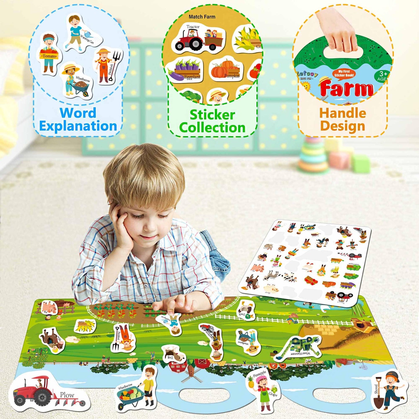 Igetooy Reusable Sticker Books For Toddlers 1-3, Farm Stickers For Kids, Stickers For Toddlers 3+ Ages, Airplane Train Car Travel Essentials Toy For Kids Girls Boys