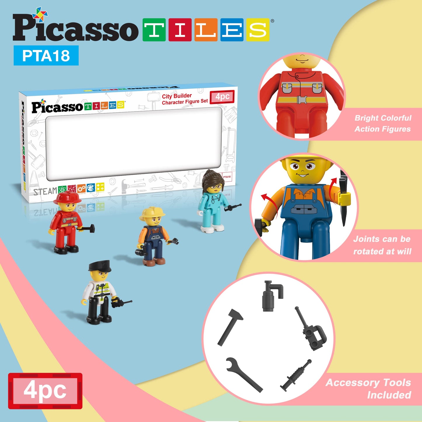 Picasso Toys Magnetic Action Figures 4 Piece City Builder Character For Magnet Building Block Tiles Expansion Pack Construction