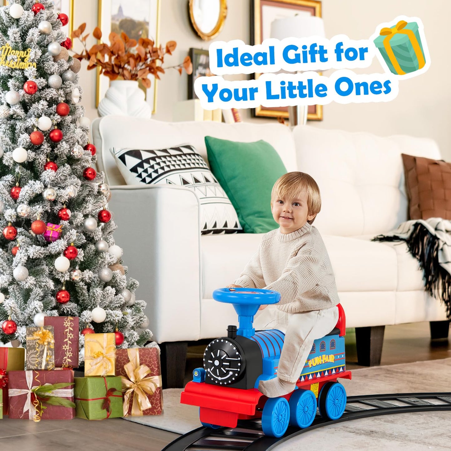 Honey Joy Ride On Train With Tracks, 6V Battery Powered Electric Ride On Toy For Kids, 16 Pcs Tracks, Flashing Lights & Music, Storage Seat, Playable Without Tracks, Gift For Boys Girls (Navy Blue)