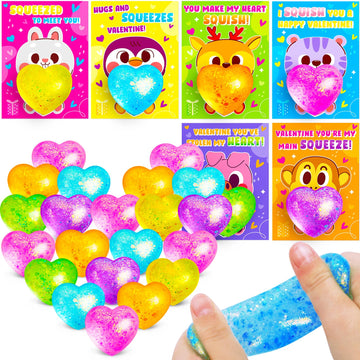 24Pack Valentines Day Gifts For Kids Classroom Heart Stress Balls With Valentines Day Cards For Kids School Class Exchange Fidge