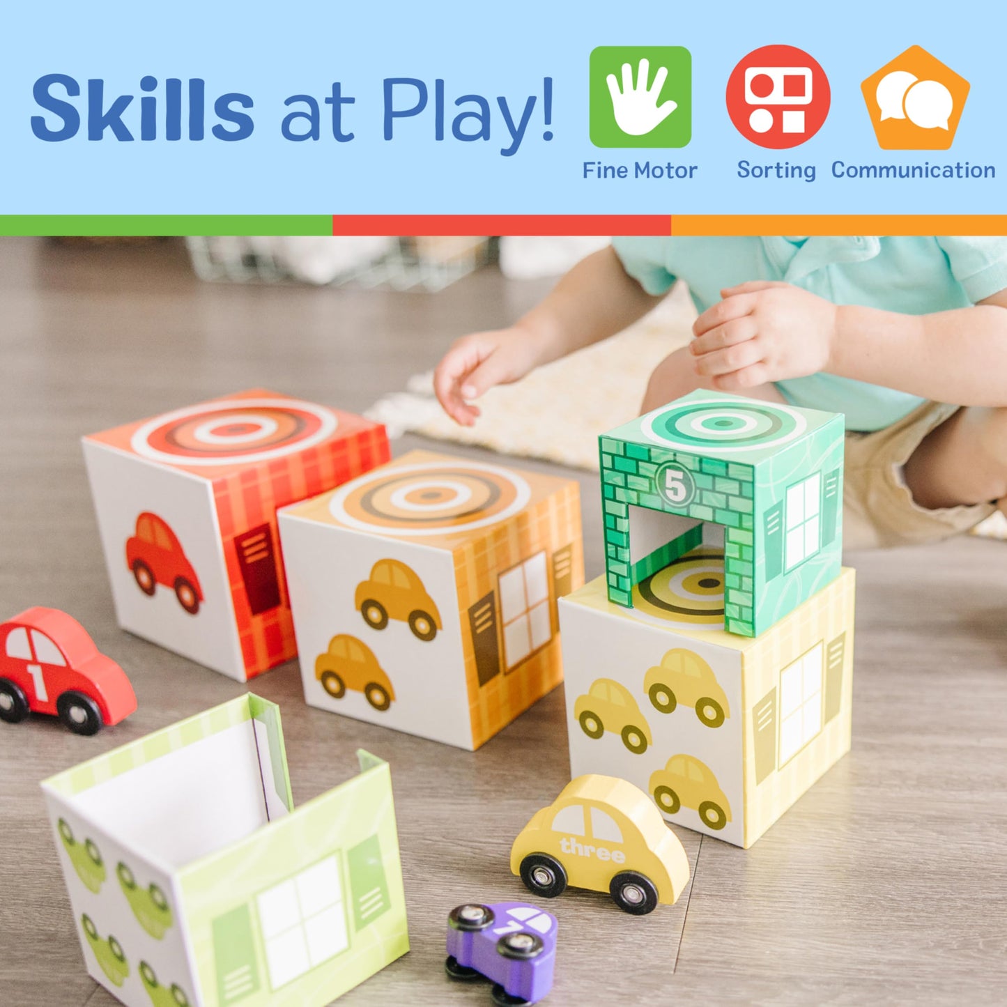 Melissa & Doug Nesting and Sorting Garages and Cars, 7 Stackable Wooden Cars, Multi-color, 15.5 x 6.5 x 5.75, Model 2435