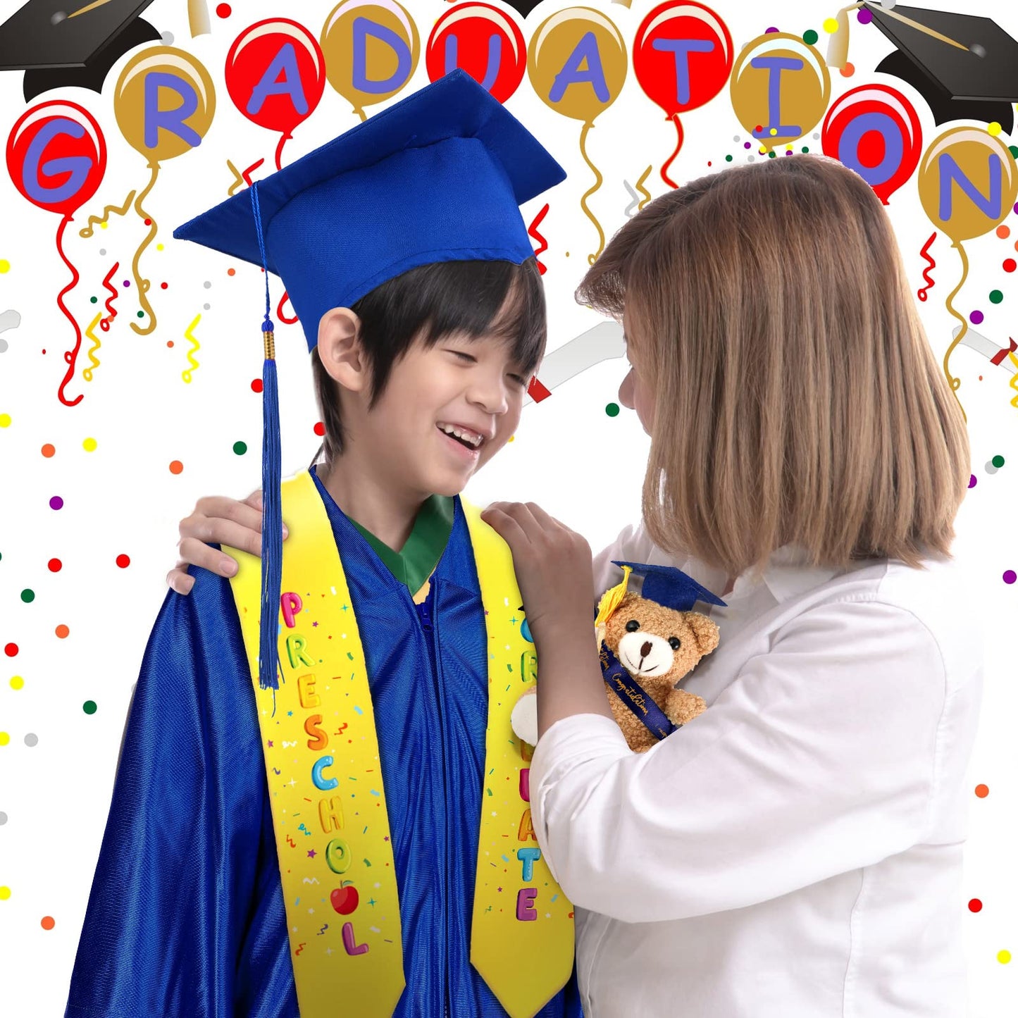 Unittype 4 Pcs Preschool Graduation Gown Cap With Tassel Graduation Stole Stuff Plush Bear Set For Kids Graduation Gifts (Dark B
