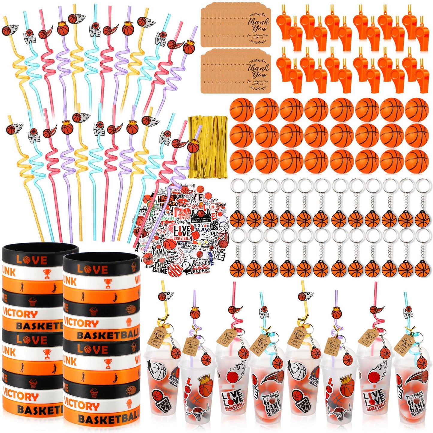 Weysat 268 Pcs Sport Party Favors Sets for 24 People Birthday Gifts Goody Cups with Straws Key Chains Whistles Silicone Wristban