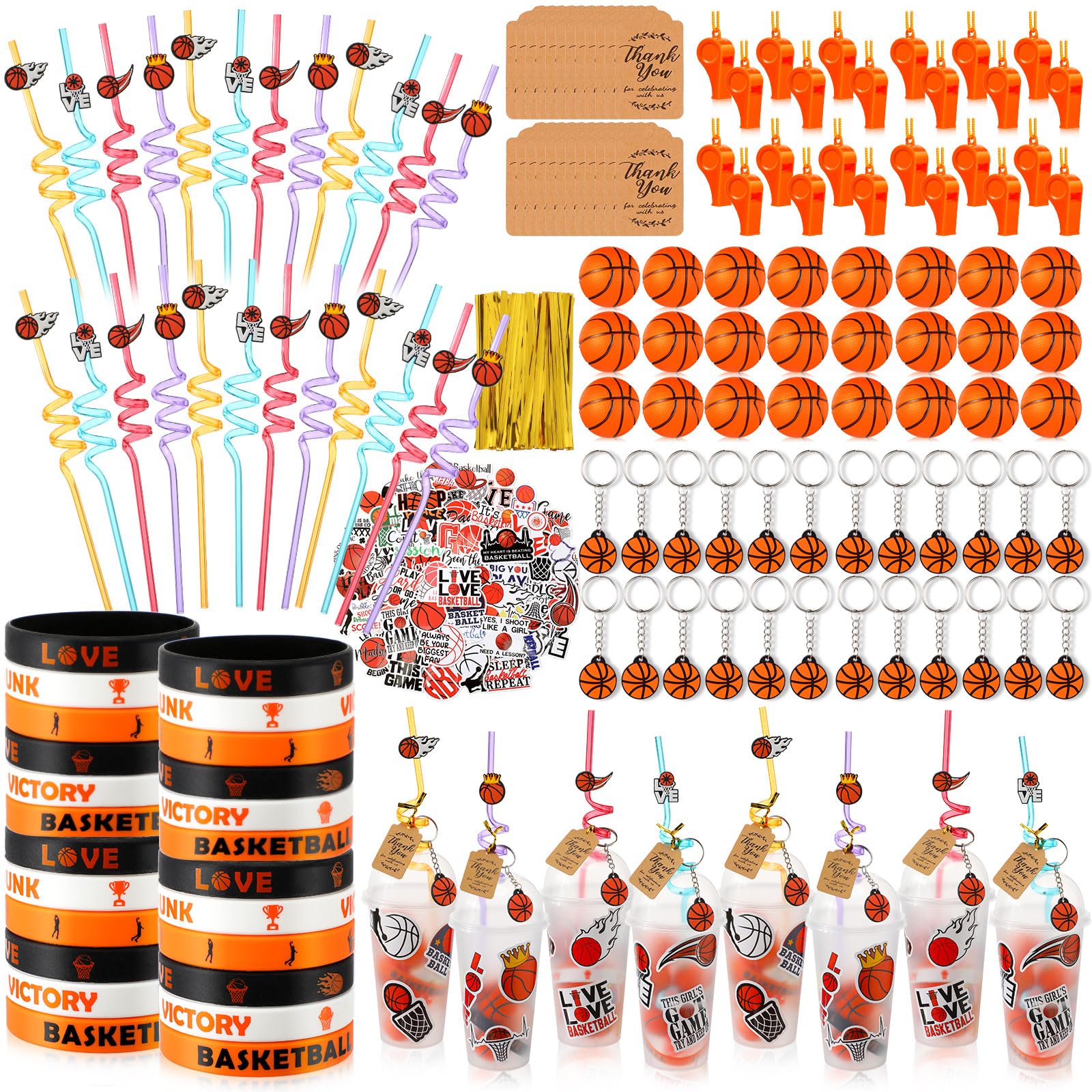 Weysat 268 Pcs Sport Party Favors Sets for 24 People Birthday Gifts Goody Cups with Straws Key Chains Whistles Silicone Wristban