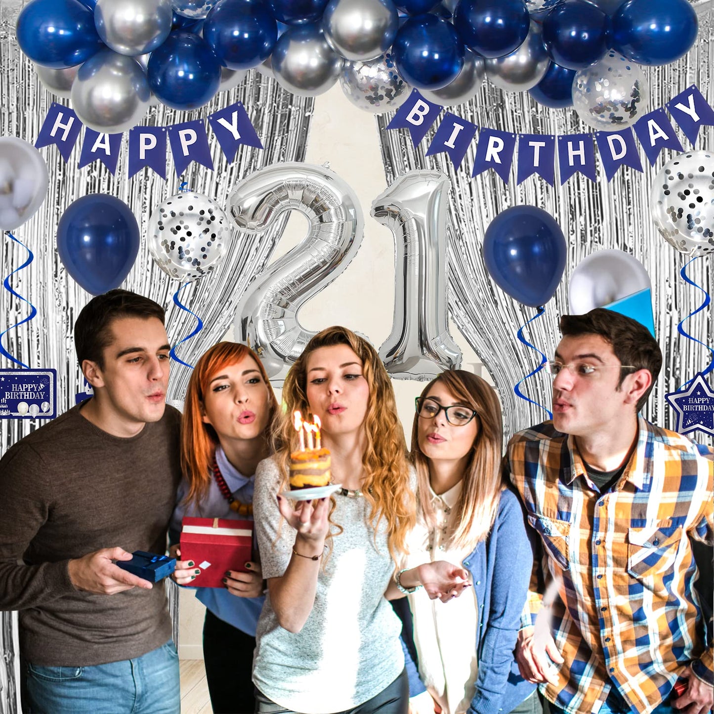 21St Birthday Decorations For Him, Blue Silver Happy 21St Birthday Decorations For Boys Men, 21St Birthday Balloons Banner Table