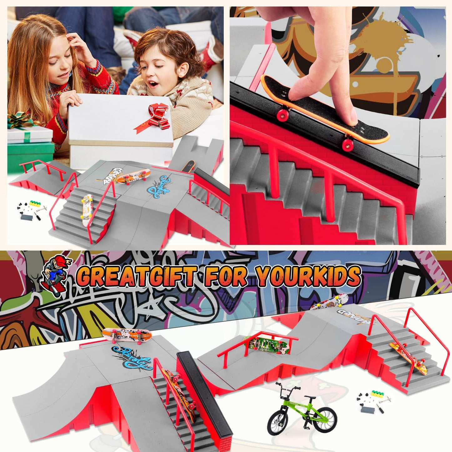 Cs Cosddi Finger Skateboard Park Kits,Skateboard Finger Toys With 8 Finger Skateboards & 14 Skatepark Deck Ramp,1 Finger Bike Fo