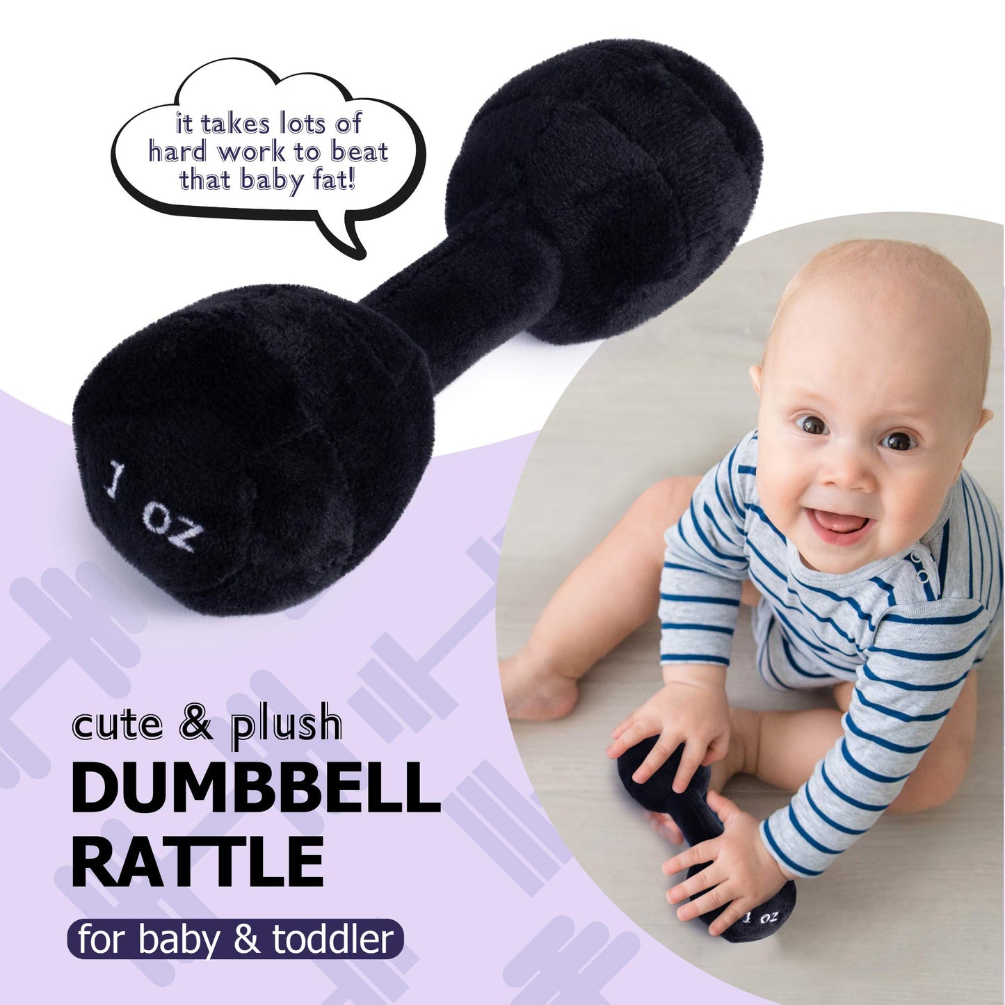 Plush Creations Baby Dumbbell Toy - Plush Rattle for Infants 0-36 Months, Multicolored, Model PC-365, Great Gift for Boys & Girls