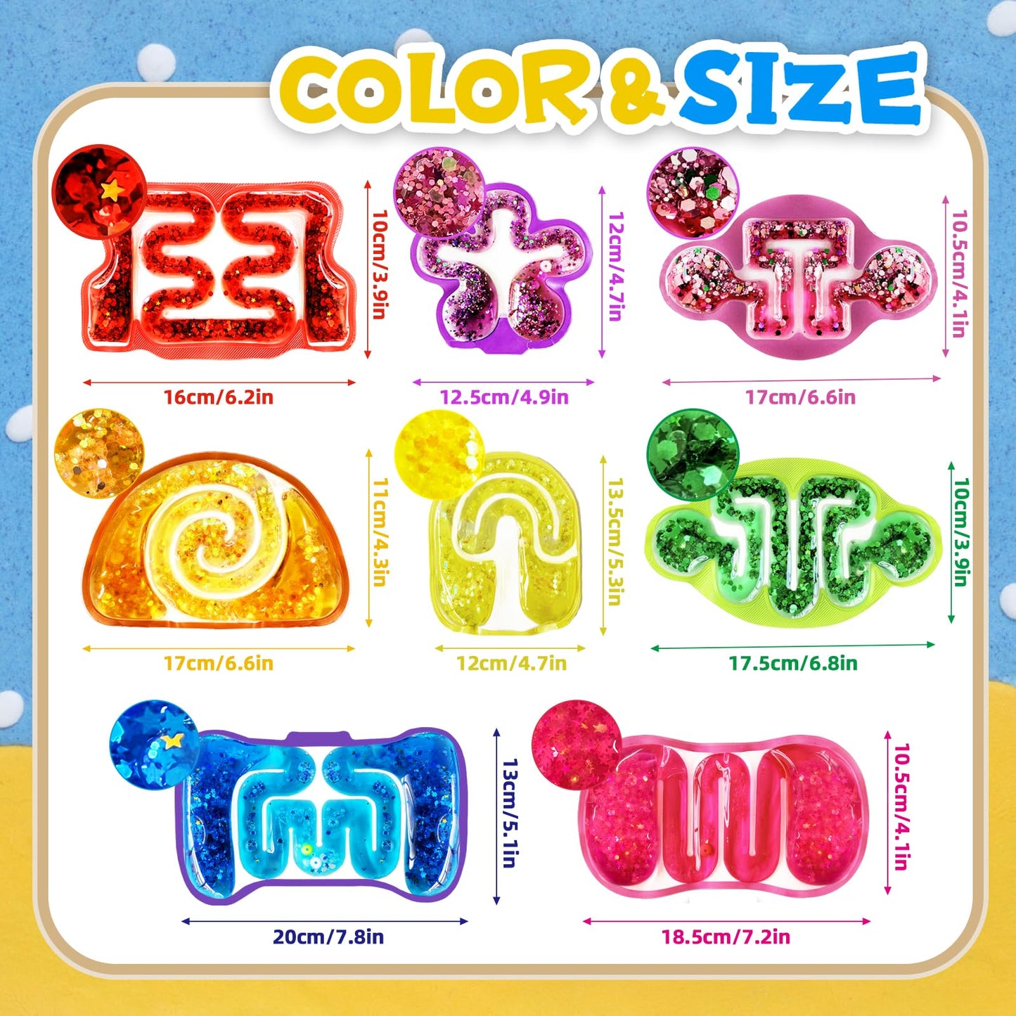 Eerrhhaq 8 Pack Squeeze Fidget Toys - Colorful Sensory Tubes with Maze Bead, Glitter Sequins for Stress Relief and Classroom Prizes