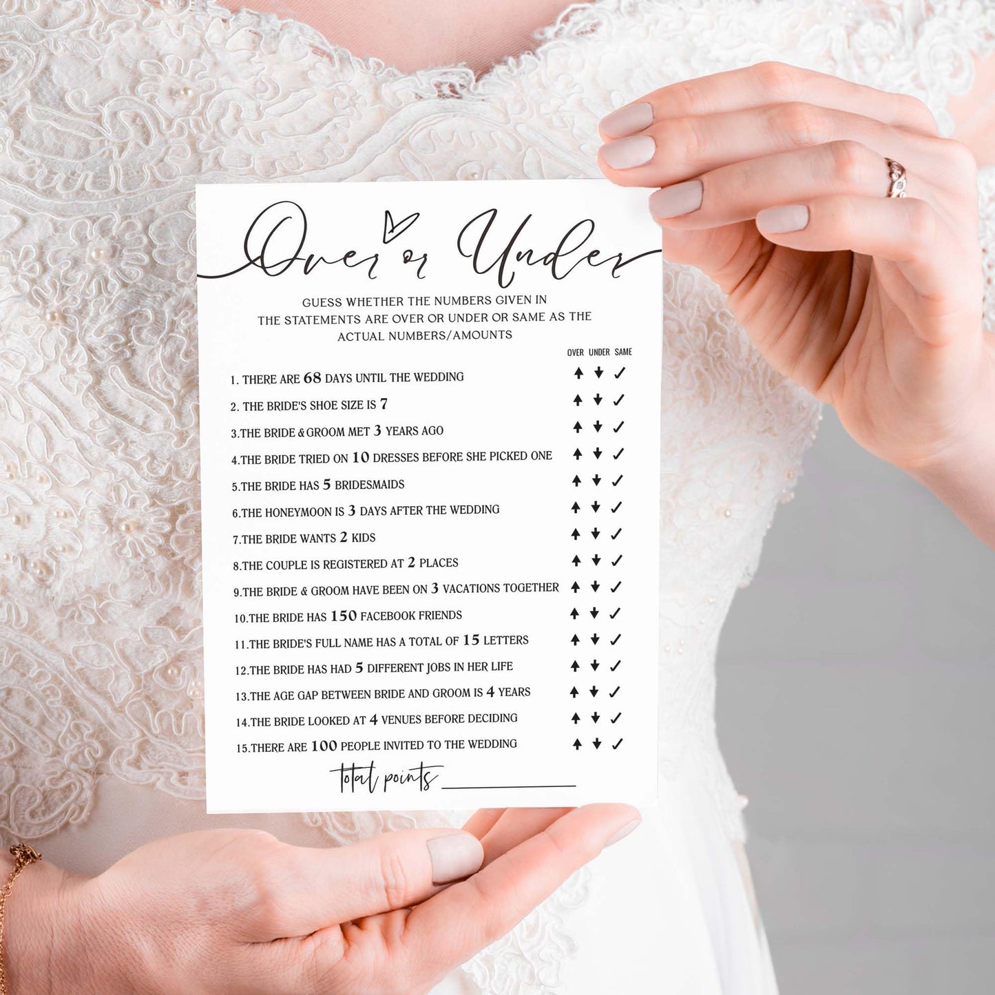 Wedding Shower Games Cards, Guess Over Or Under, Bridal Shower Games 25 Guests, Engagement Party Wedding Games For Guests, Minim