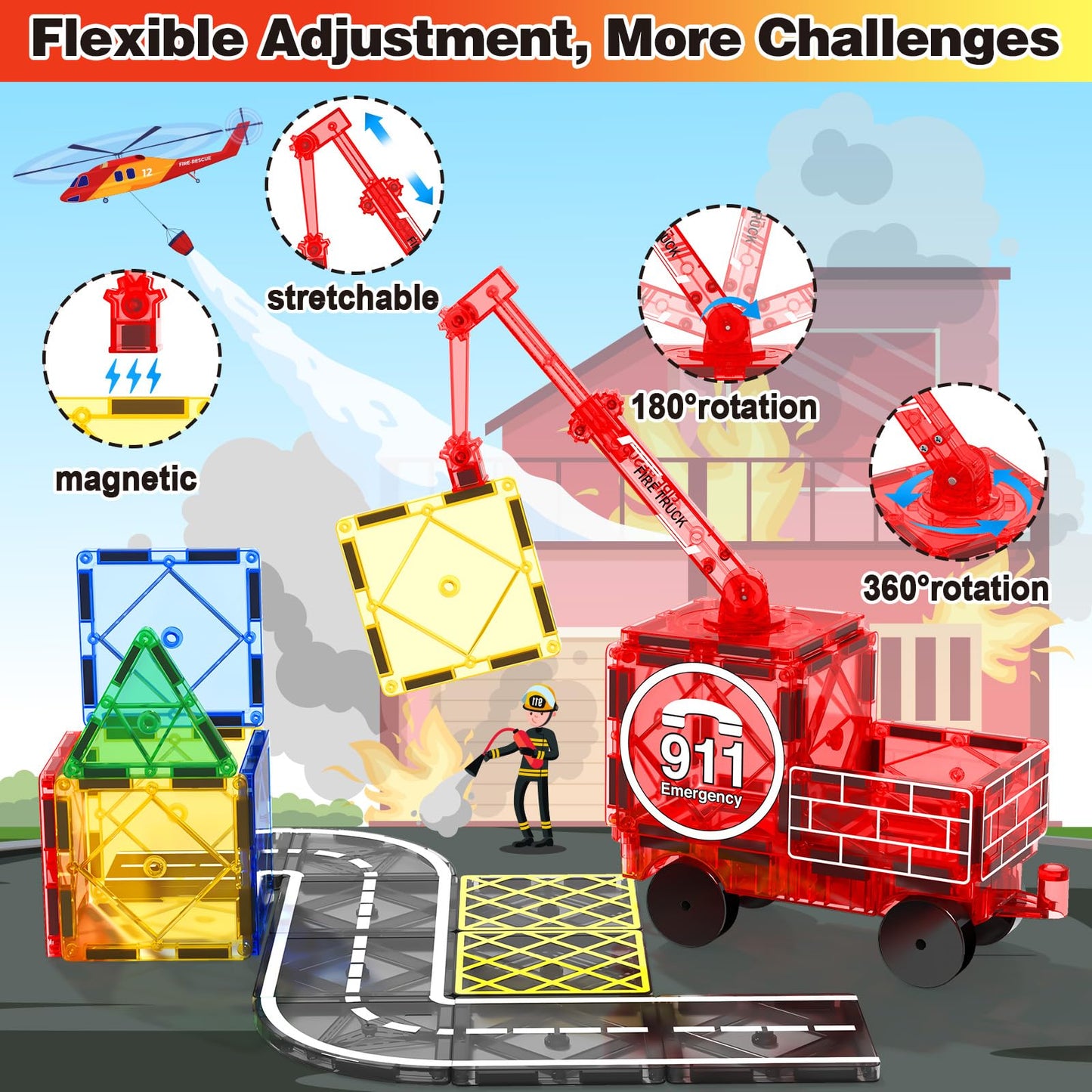 Magnetic Tiles Road Set With Magnetic Crane Edition Car Toys, Magnet Building City Fire Kids Toys For 3 4 5 6 7 Years Old Boys Girls, Magworld Kids Games Construction Stem Toys For Boys Gifts