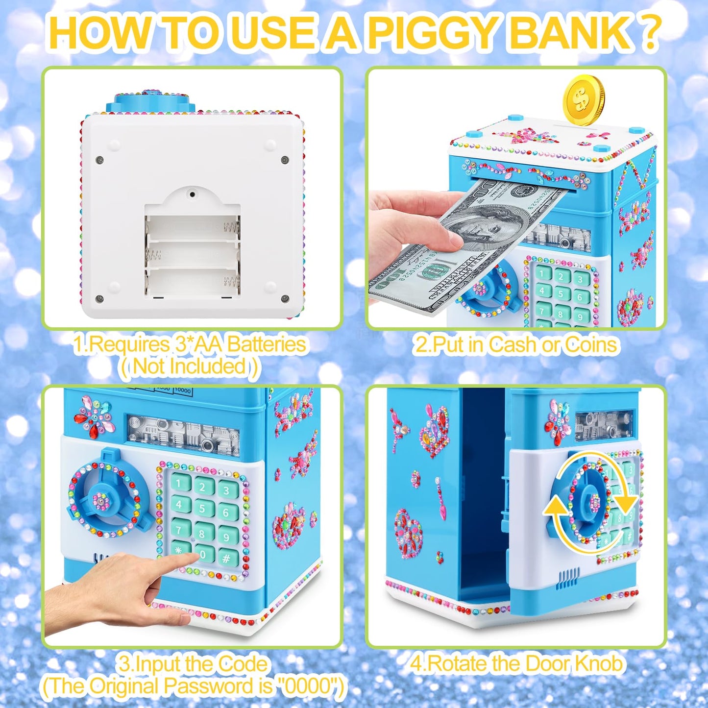 Piggy Bank For Kids Girls Boys With Password Code Lock Cash Coin Can Piggy Bank Girls Electronic Money Safe Bank For Kids Money Box With Diy Diamond Sticker Gift For 4 7 8 9 10 11 Year Old Boys Girls