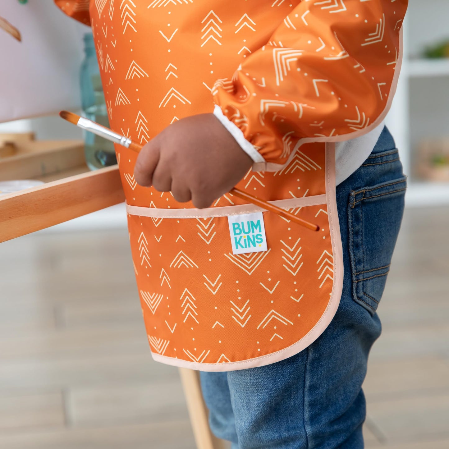 Bumkins Sleeved Smock, Toddler Reusable Waterproof Bib For Girls And Boys Ages 3-5 Years, Long Sleeve Childrens, Kids Paint Apron, Arts, Crafts And Play With Pocket, Soft Fabric, Boho Orange