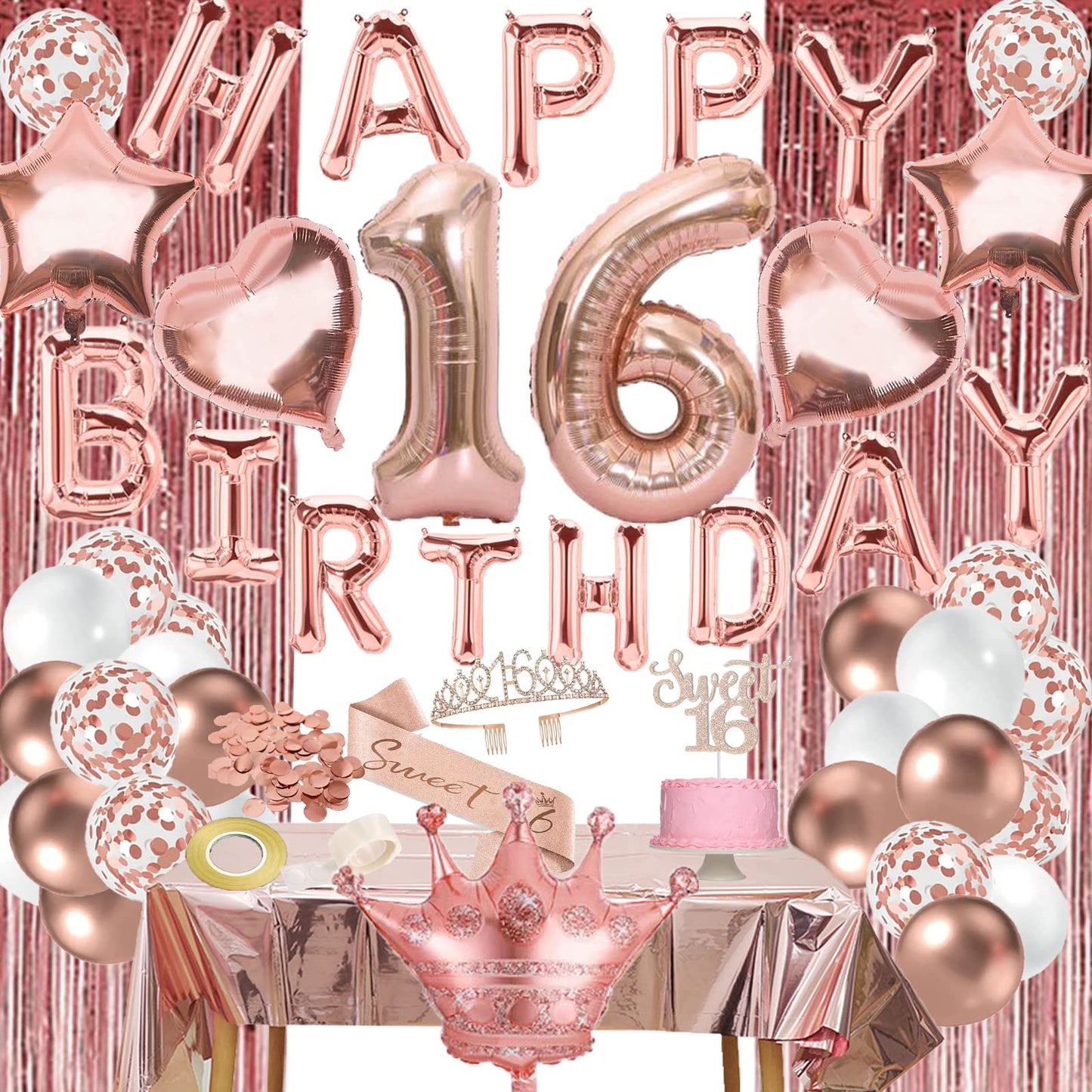 Sweet 16 Party Decorations, Rose Gold 16Th Birthday Decorations For Girls, Happy Birthday Banner, Curtains, Cake Topper, Bday Sa